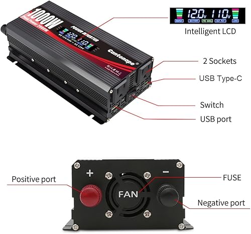 Miniatura 3 de 1000W2000W (pico) Inversor de corriente para automóvil DC 12V24V a 110V AC Convertidor con pantalla LCD Dos salidas de CA 3.0A USB y cargador de