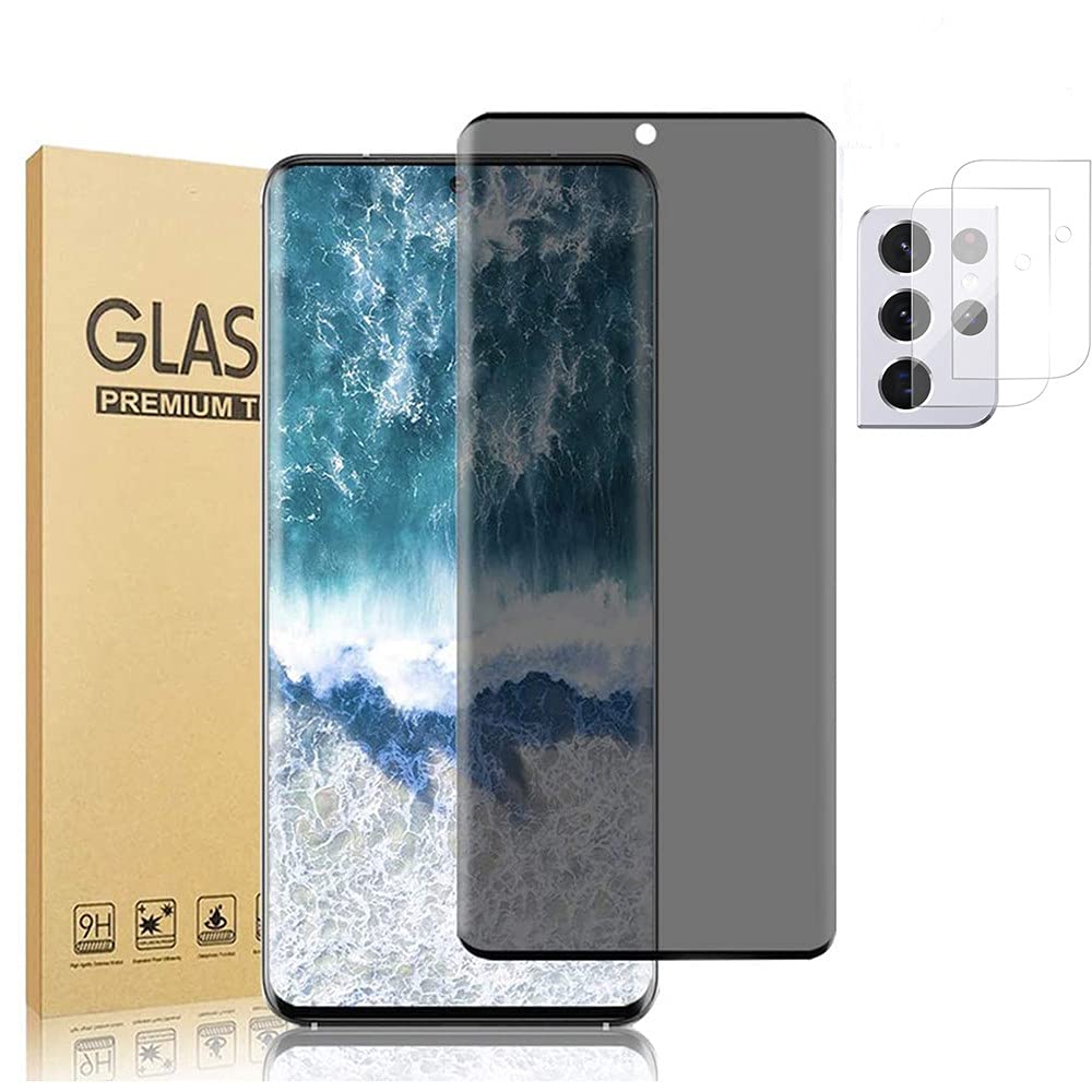 1+2 Pack Galaxy S21 Ultra Privacy Screen Protector Pack Camera Lens  Protector [Anti-Spy] [9H Hardness] [Case Friendly] 3D Curved Tempered Glass