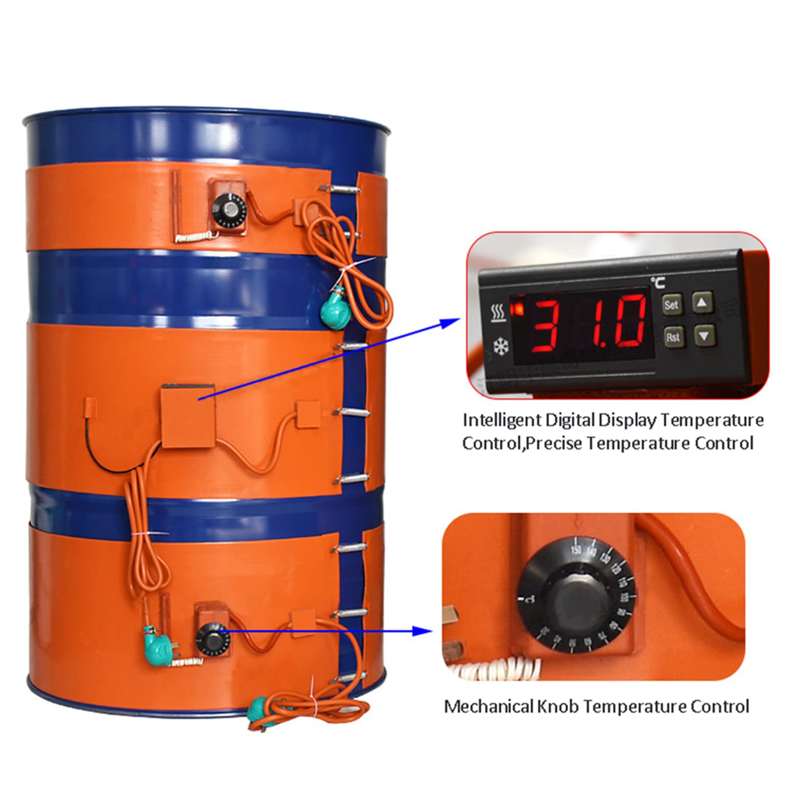 Silikonowa podkładka grzewcza do bębna, gumowy pasek grzewczy z termostatem, izolowana podkładka grzewcza, grzałka beczki z regulowanym termostatem od 30 do 130 °C, taśma cale