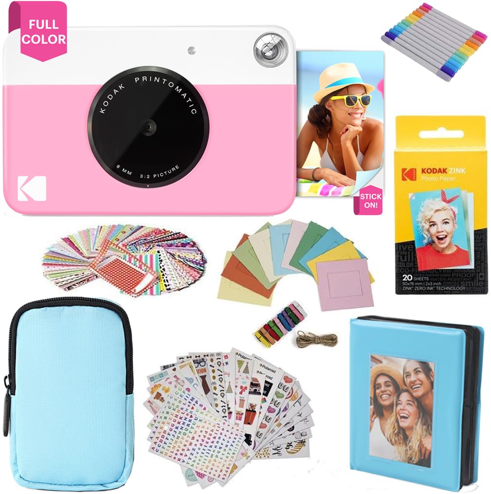KODAK Printomatic Full Colour Instant Print Camera + Soft Case + Zinc 2 x 3 Inch Self-Adhesive Photo Paper, Pack of 20 + Album + Sticker Sets + Sticker Frame + Marker + Hanging Frame – Pink