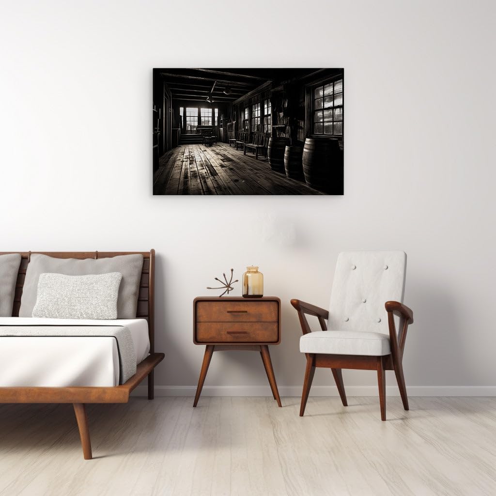 Canvas for Living room. Whispers of the Past: Sunlight and Shadows Dance in a Rustic, Time-Honored Chamber, 27 x 18 inch Canvas Wall Art - Ready to Hang