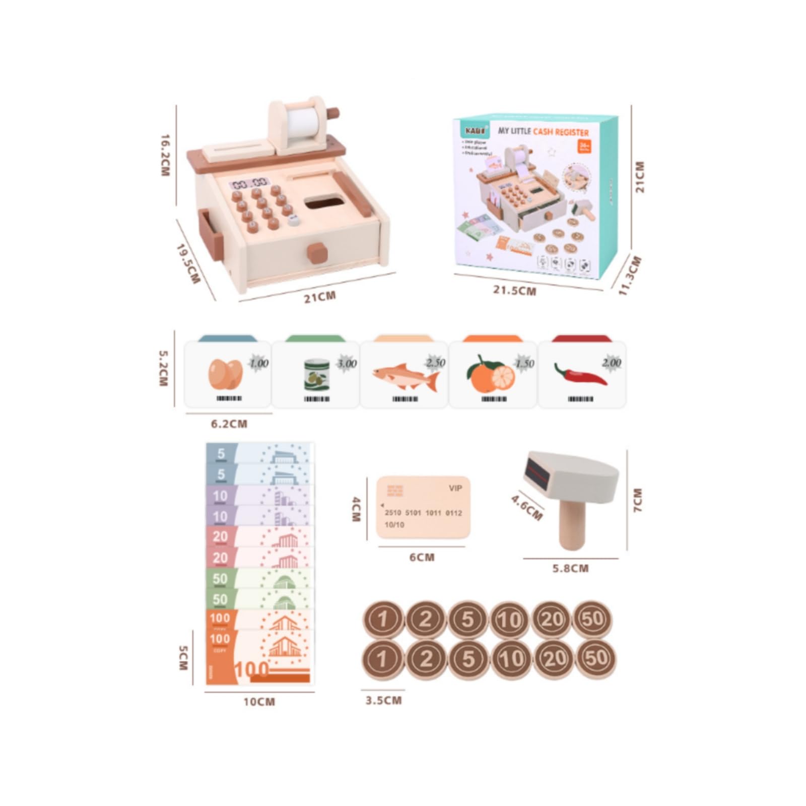 Cassa Giocattolo Bambini Cassa Registratrice Gioco Registratore Finto Set Supermercato Educativo in Legno con Cassetto Tasti Display Rullo Scontrino