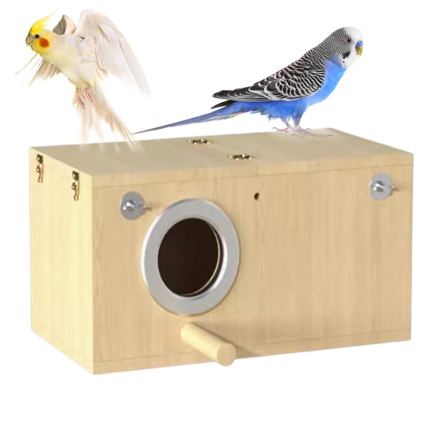 Nido de pájaros, jaula de madera, tapa con bisagras, repisa para posarse, para planeador del azúcar, ardilla, rata, pinzón, periquito, agapornis, loro, canario, cacatúa, otras aves y mascotas pequeñas