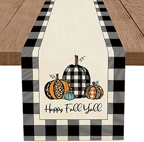Whomeaf Happy Fall Y'all Burlap Table Runner Buffalo Check Plaid Pumpkin Farmhouse Table Runners Autumn Seasonal Table Center Decor For Home Kitchen Dining Party Holidays Wedding In/Outdoor(13X72In) #TOP6