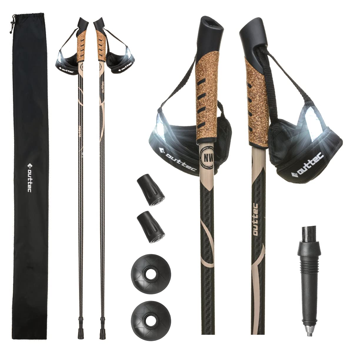 Bâtons de randonnée en Carbone Ultra légers - Bâtons de Marche Nordique avec Bouchon en Caoutchouc 110 ou 115 cm - Bâton de Trekking Monobloc avec Tampon en Caoutchouc pour Homme et Femme