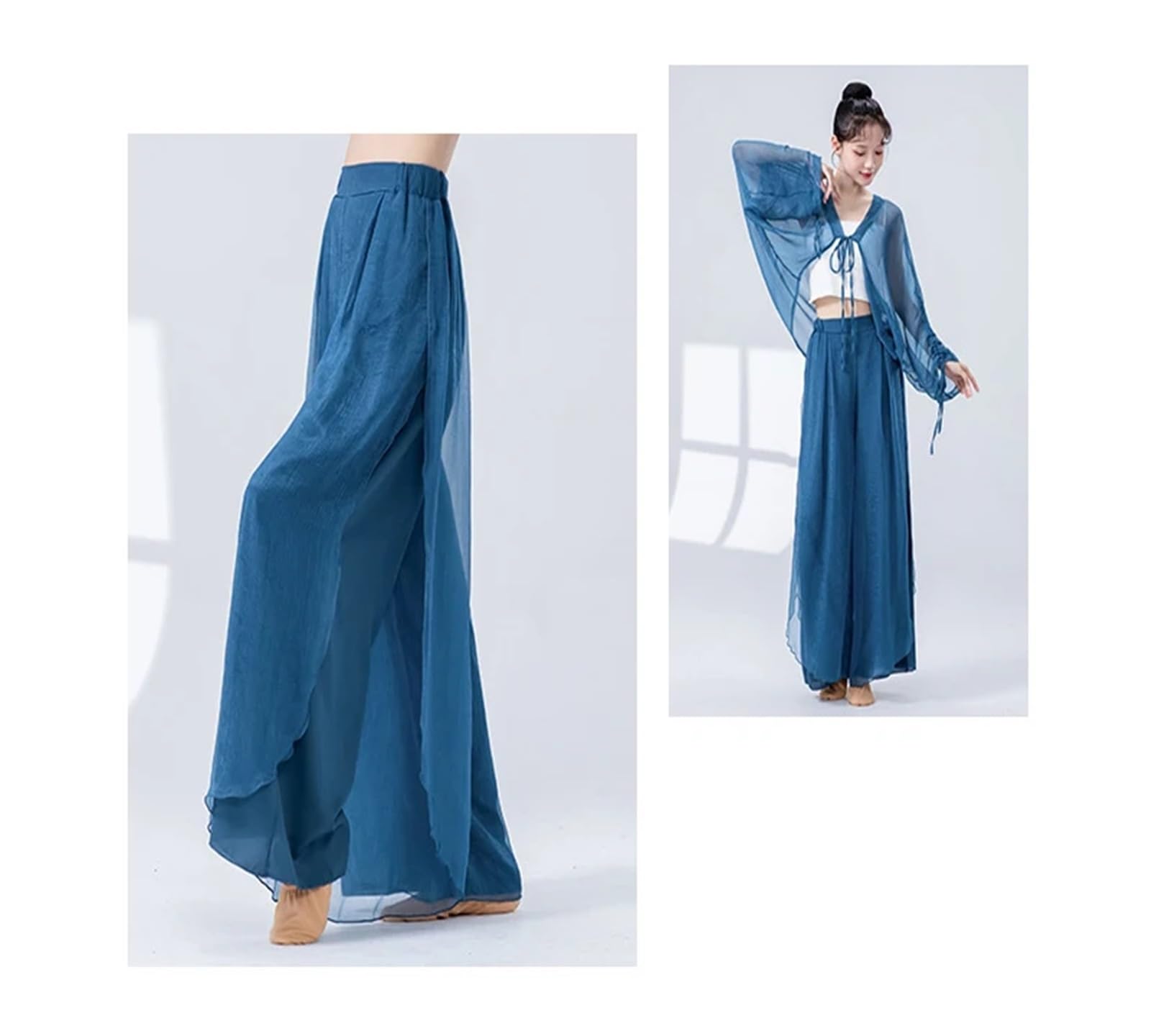 Pantaloni da danza classica donna, pantaloni pratica moderna, gamba larga, gonna in chiffon fluido con giunture