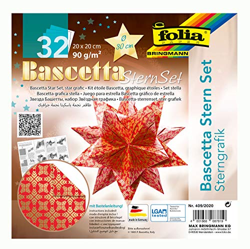 folia 409/2020, Craft Set Bascetta Star Graphic Red/Gold, 32 Sheets, 20 x 20 cm, Finished Size of Paper Star Approx. 30 cm