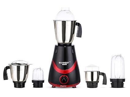 Sunmeet Necklace 600W Mixer Grinder with 3 Stainless Steel Jars and 2 Bullet Jars (1 Wet Jar, 1 Dry Jar, 1 Chutney Jar and 2 Bullet Jars), Black-RED.Make in India(ISI Certified)