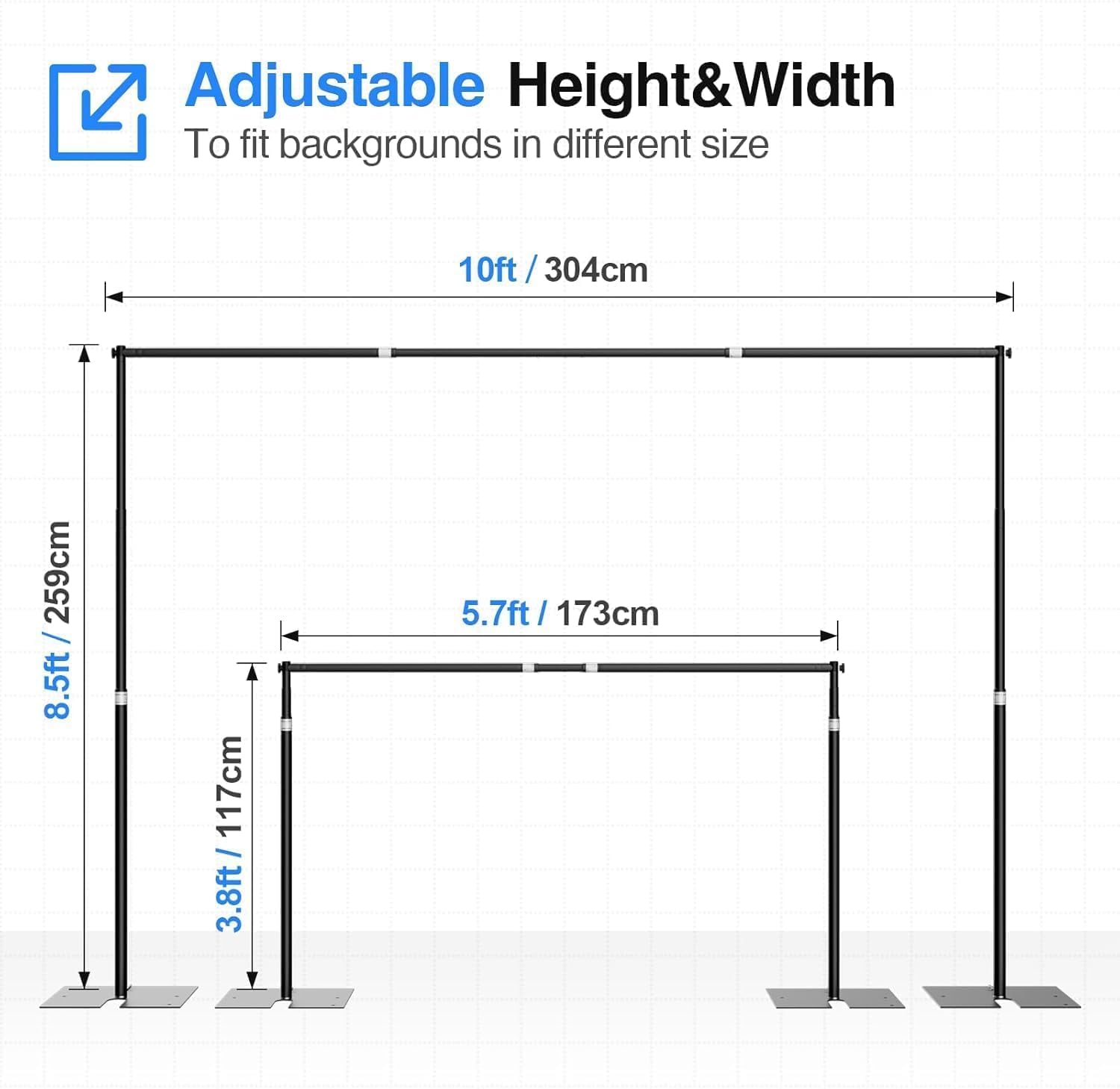 EMART Heavy Duty Backdrop Stand, 8.5x10Ft Adjustable Pipe and Drape kit with 9.26 LBS Steel Flat Base, Sturdy Metal Diy Photo Background Frame for Parties, Events, Wedding, Photography - Black