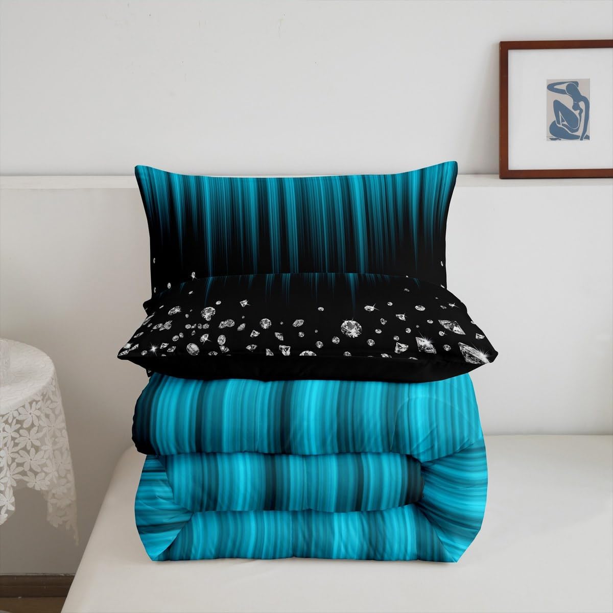 Erosebridal Geometric Queen Comforter Set Black and Teal Ombre Bedding Set for Women Girls,Gradient Glitter Diamond Bedding Sets Bedroom Decorations 3Pcs(1 Comforter&2Pillowcases)