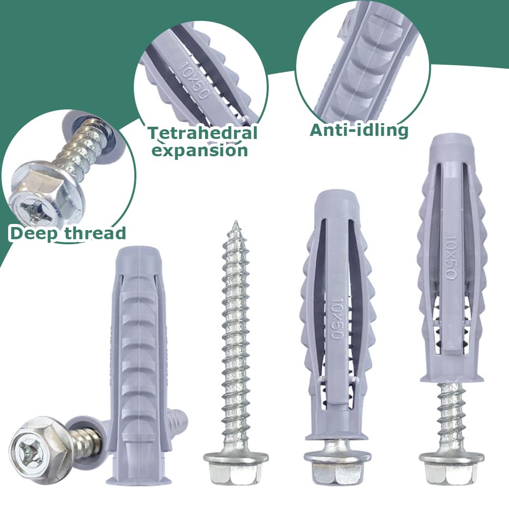 20 Sets M10x50mm Masonry Wall Plugs & Concrete Screws, Heavy Duty Coach Screws for Brick Wall TV Bracket, Fence, Shelves - Image 4