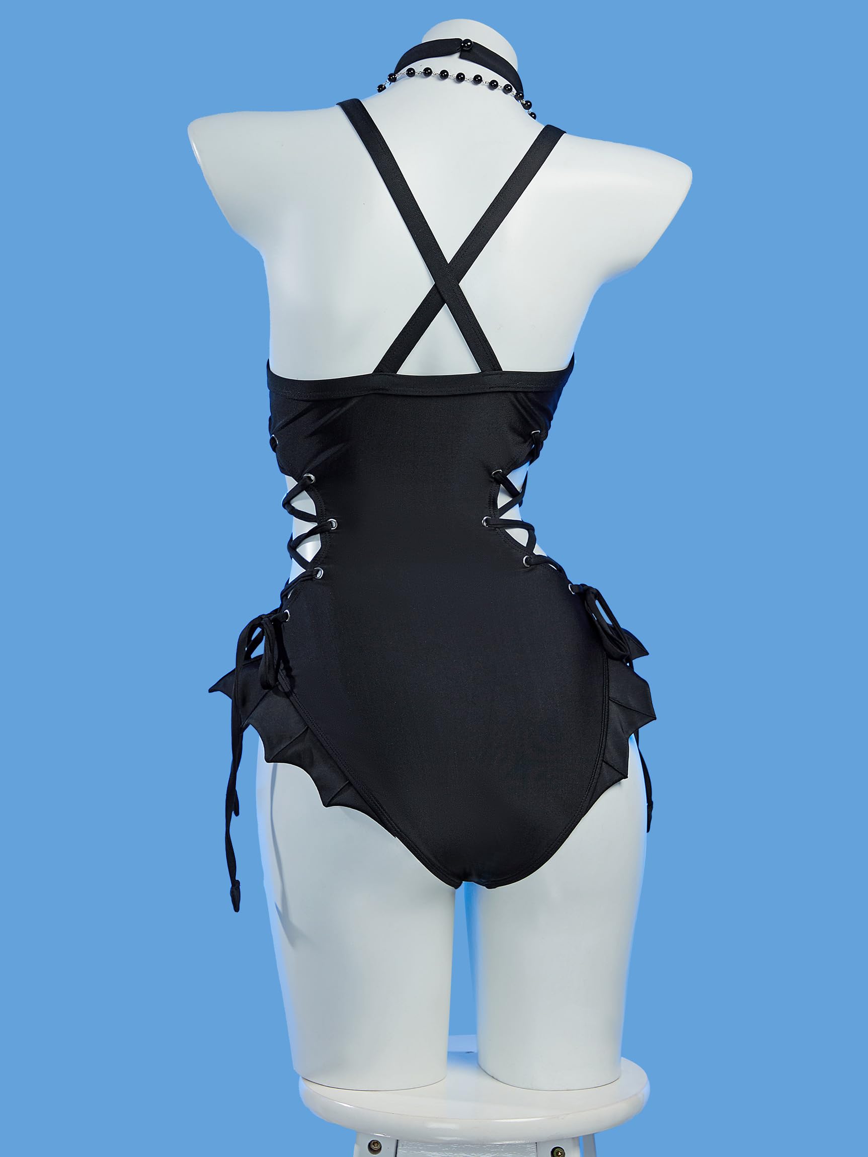 haikyuu MisaMisa - Traje de baño gótico de una pieza con collar y volantes de murciélago, traje de baño gótico