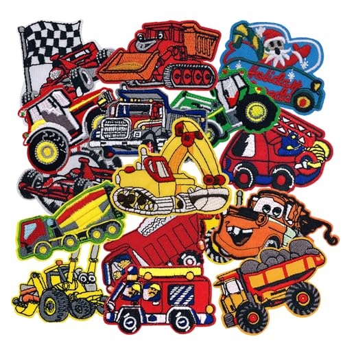 Nicime 16pcs Truck Car Iron/Sew on Patches Cute Cartoon Racing Embroidered Applique Fashion Decoration for Clothes Hat Bag Dress Shirt Jeans