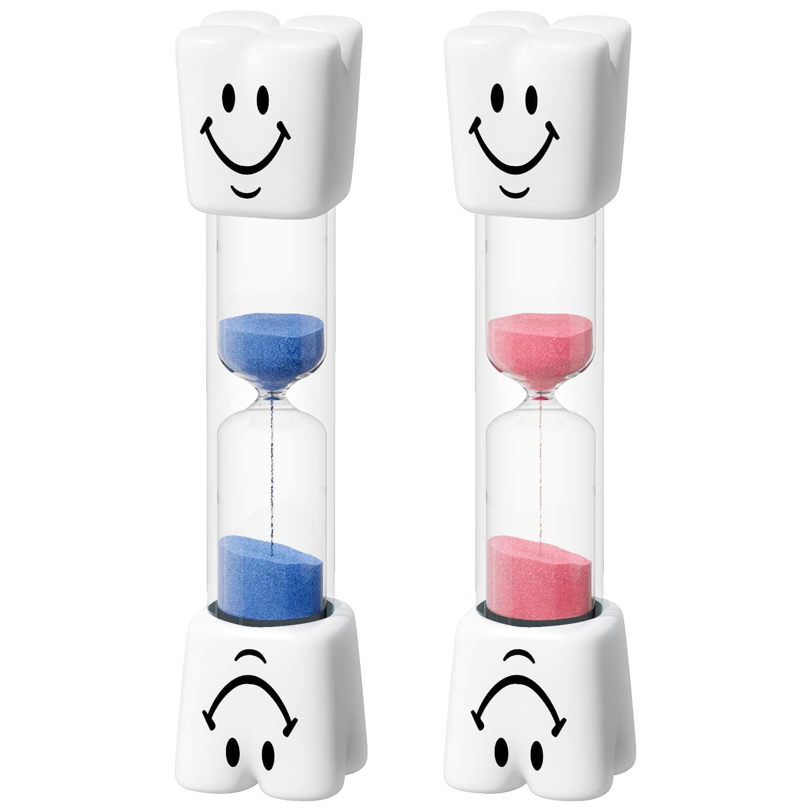 2 Minute Toothbrush Sand Timer for Kids, Small Blue and Red Smiley Acrylic Hourglass Sand Clock Set, Plastic Glass Mini Sandglass for Classroom Games Kitchen (Pack of 2)