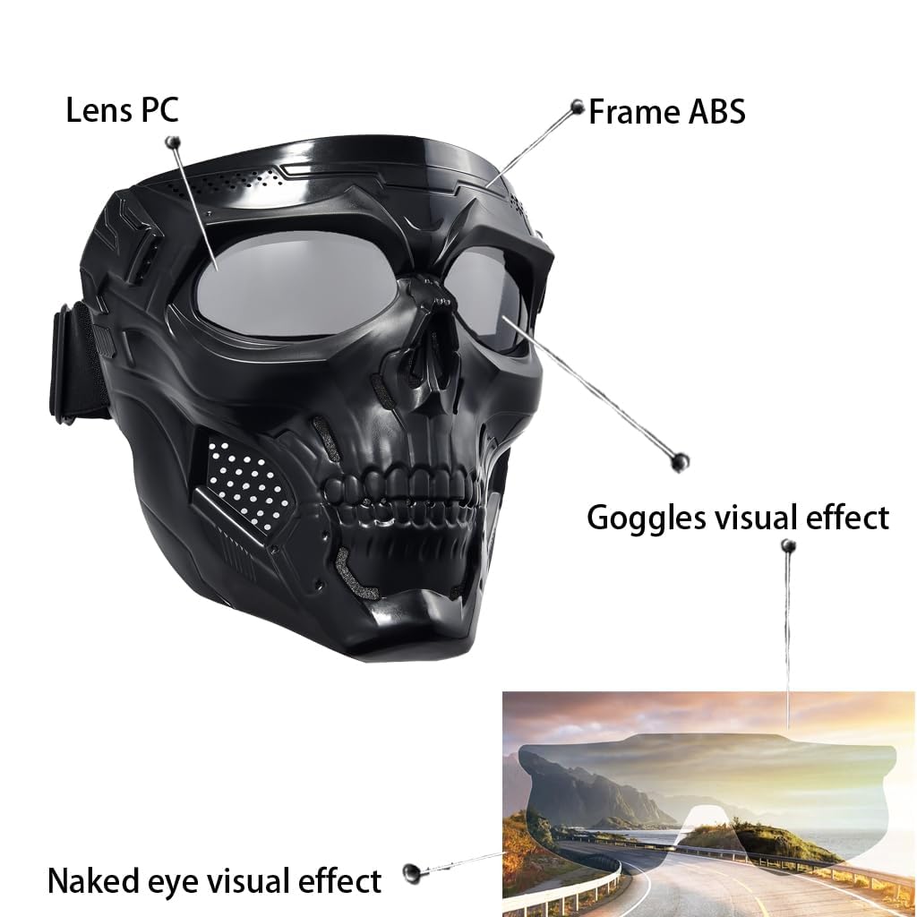 Motorcycle Mask Full Face,Masks Skull Skeleton with Goggles Impact Resistant Tactical Mask for Halloween Paintball Game Movie Props Party (Skull-greyLens) 2