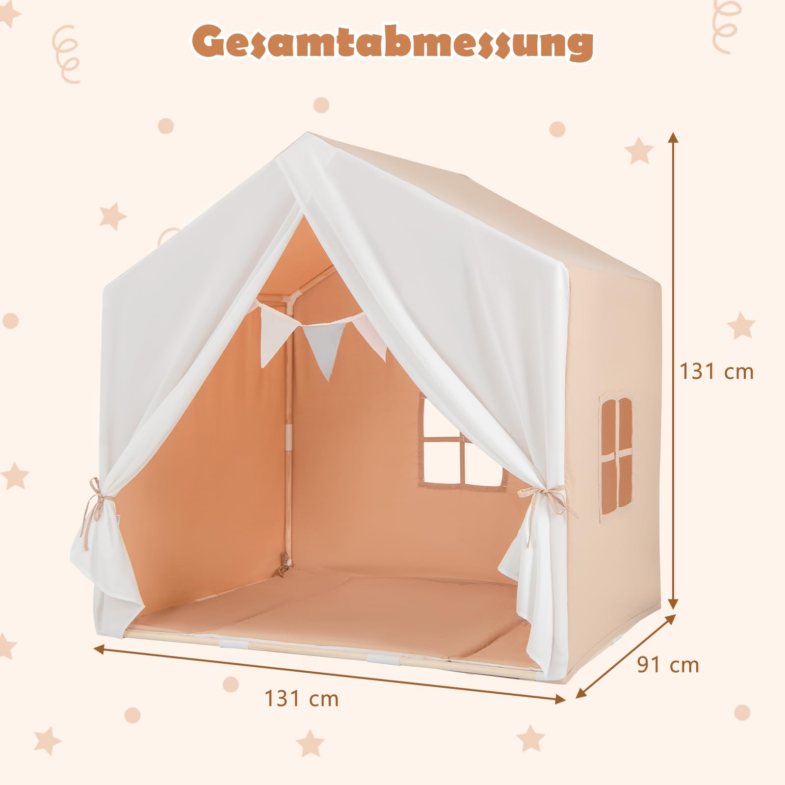 GOPLUS Kinderzelt mit Holzrahmen, Multifunktionaler Kinderspielhaus mit Fahnenbanner, großem Vorhang & 2 Fenster, Spielzelt für Jungen und Mädchen ab 3 Jahren, für Innen- & Außenbereich (Hellbraun)