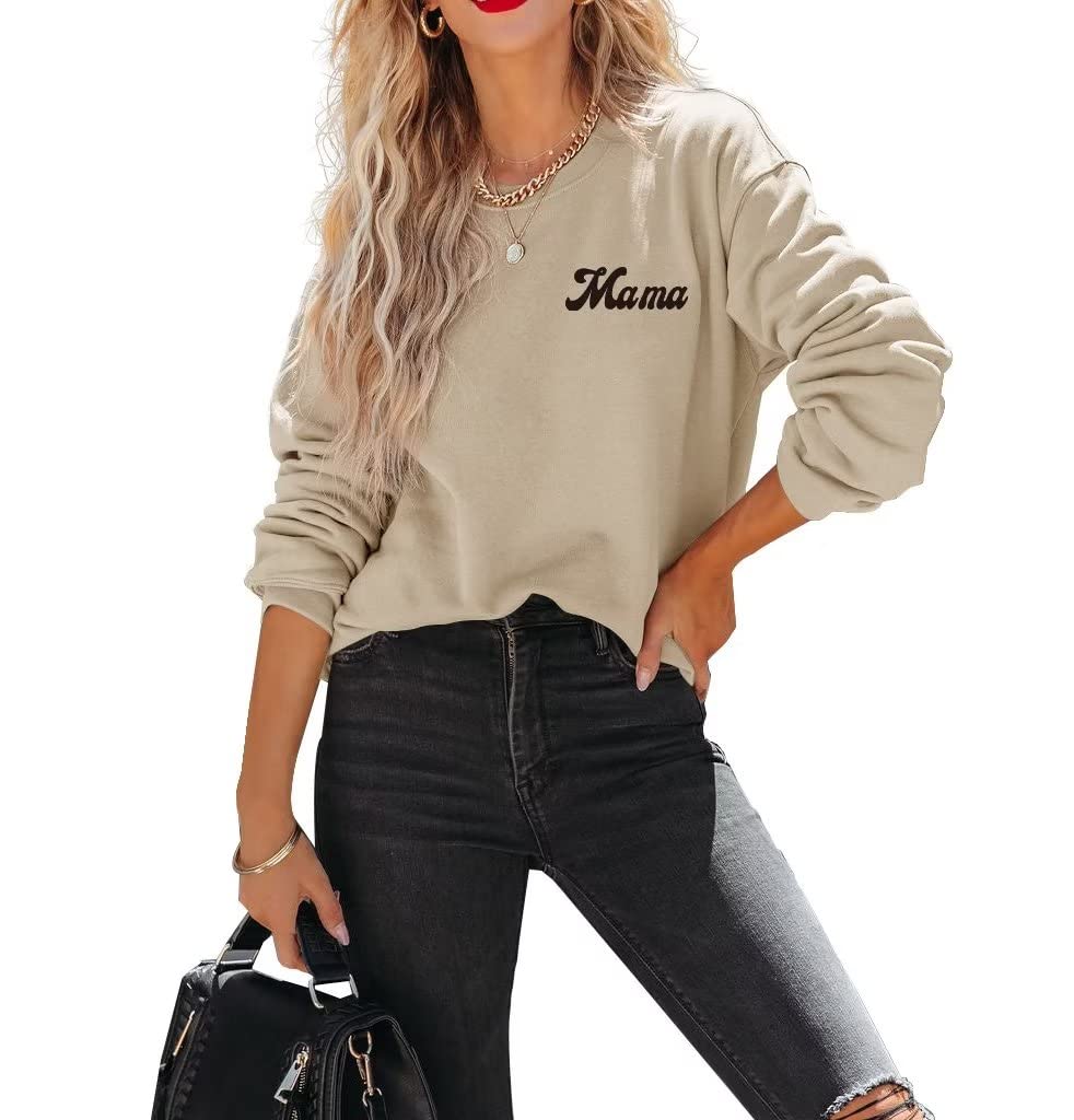 FEEKEKE Women Mama Sweatshirt Long Sleeve Tops Casual Letter Print Cute Loose Graphic Crewneck Pullover Plain Tops