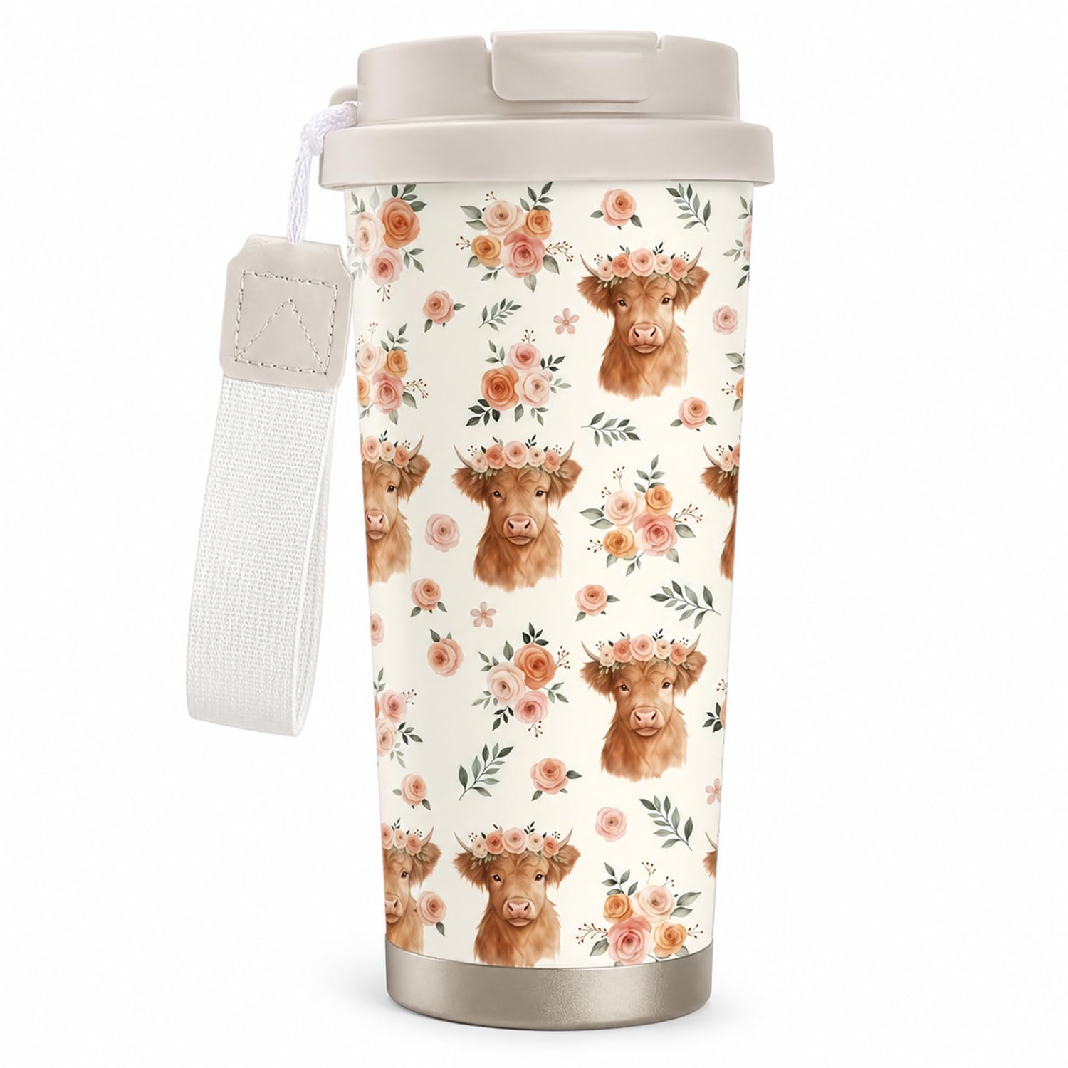 AURENYX 17oz Floral Design Stainless Steel Highland Cow Water Bottle