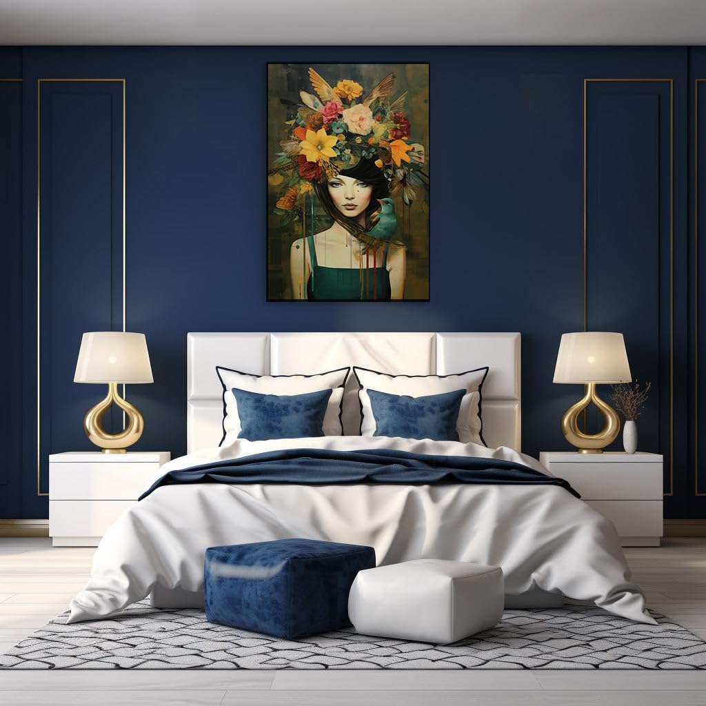 Canvas for Living Room. Enchanted Vision in Oil The Woman with The Floral Headdress and Her Feathered Companion, 27 x 18 inch Canvas Wall Art - Ready to Hang