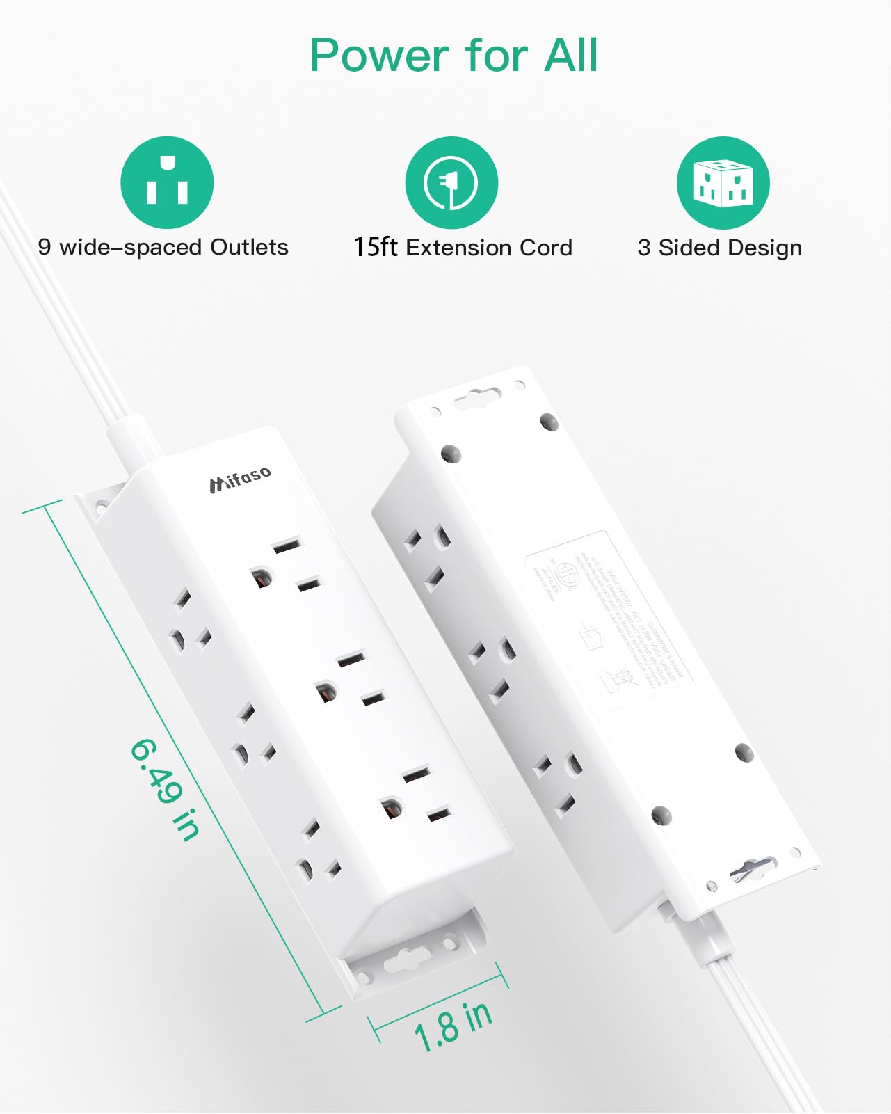 Power Strip with Surge Protector, 9 Spaced Multiple Outlets, Wall Mount, 3 Sides Outlet Extender with Extension Cord, Flat Plug, Overload Protection — Amazon image 7