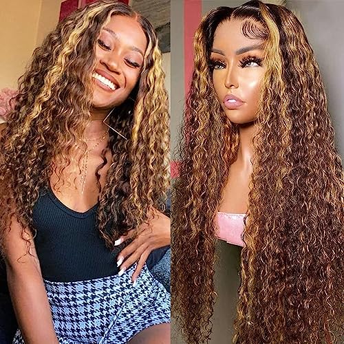 Highlight Ombre HD Transparent 13x4 Lace Front Wigs Human Hair 180% Density Honey Blonde 4/27 Deep Wave Lace Front Wigs for Black Women Frontal Curly Wigs Pre Plucked with Baby Hair 20 Inch