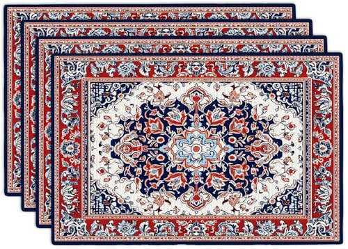 Boho Placemats Set of 4 Traditional Oriental Table Mats Abstract Place Mats Decor Imitation Linen Heat Resistant Blue Red Florals Tablecloth for Dining Decorations Kitchen Party Restaurants 12''x18'' by gkmaolt - Used condition - US$16.14