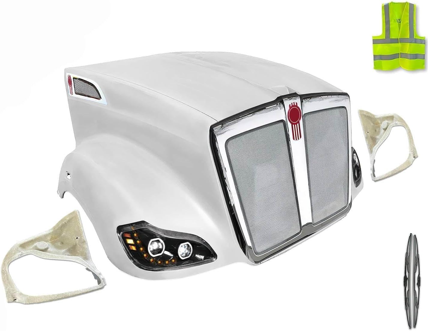 KOZAK Fiberglass Hood w/Chrome Grille, Bug Screen, Air Intakes, Inner Bezels, Black Full LED Headlights – Set Compatible with Kenworth T680 2013-2021 Includes Logo, 2X 22" Wipers, Keychain, and Vest
