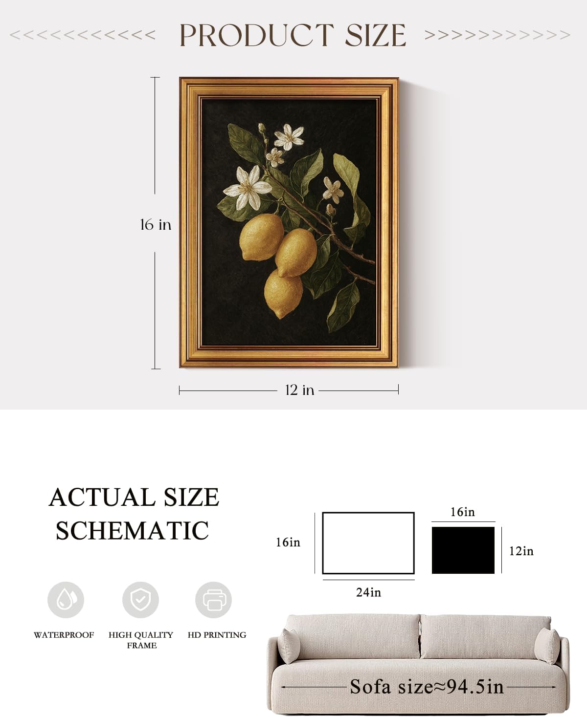 ARPEOTCY Gold Framed Canvas Art Prints,12x16inch, Lemon Botanical Art Painting, Vintage Still Life Decor for Kitchen Dining Room Bedroom Bathroom Shelf, Rustic Country Cottagecore Pictures