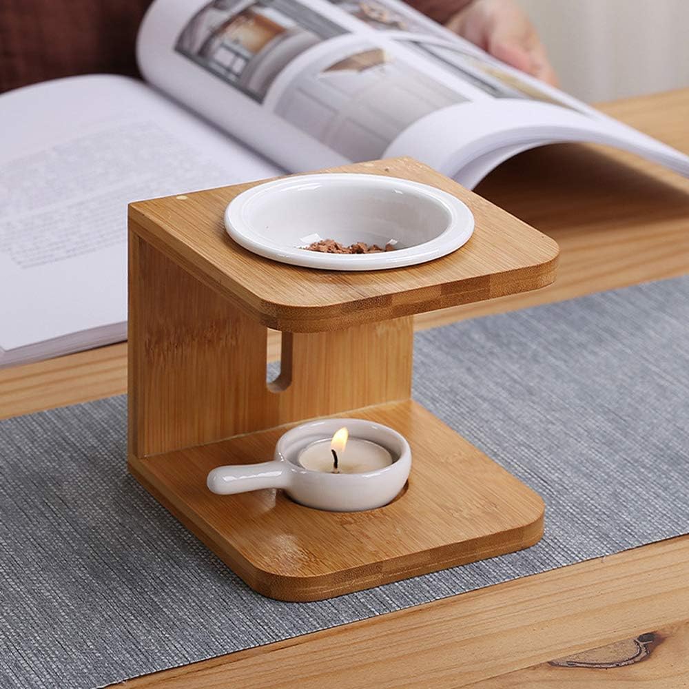 OIUT Wooden Essential Oil Burner Set of 1 Ceramic Scented Wax Melt Warmer Combuster with Tealight Decorative Candle Holder Aromatherapy Aroma Inflamer for Spa Yoga Meditation Home Office (A)