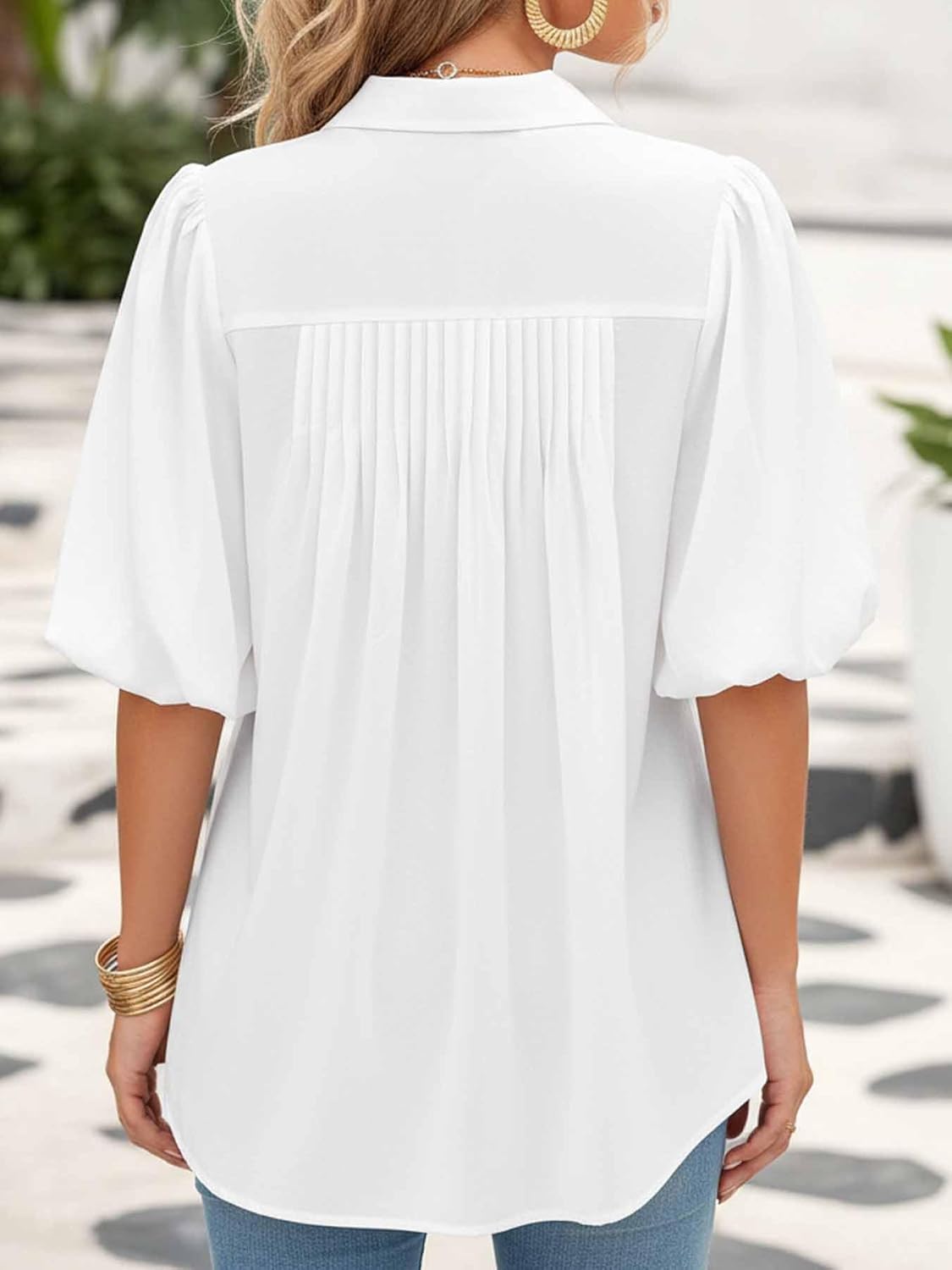 Women's 100% Cotton Button Shirt Casual V Neck Puff Sleeve Blouse Tops for Daily & Office Wear - Image 6