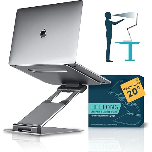 Lifelong Ergonomic Adjustable Laptop Stand for Desk - Height Up to 20" Portable Computer Laptop Riser Holder, Fits All MacBook Air & 10 15 17 Inches Laptops, Back to School Gift for Men & Women