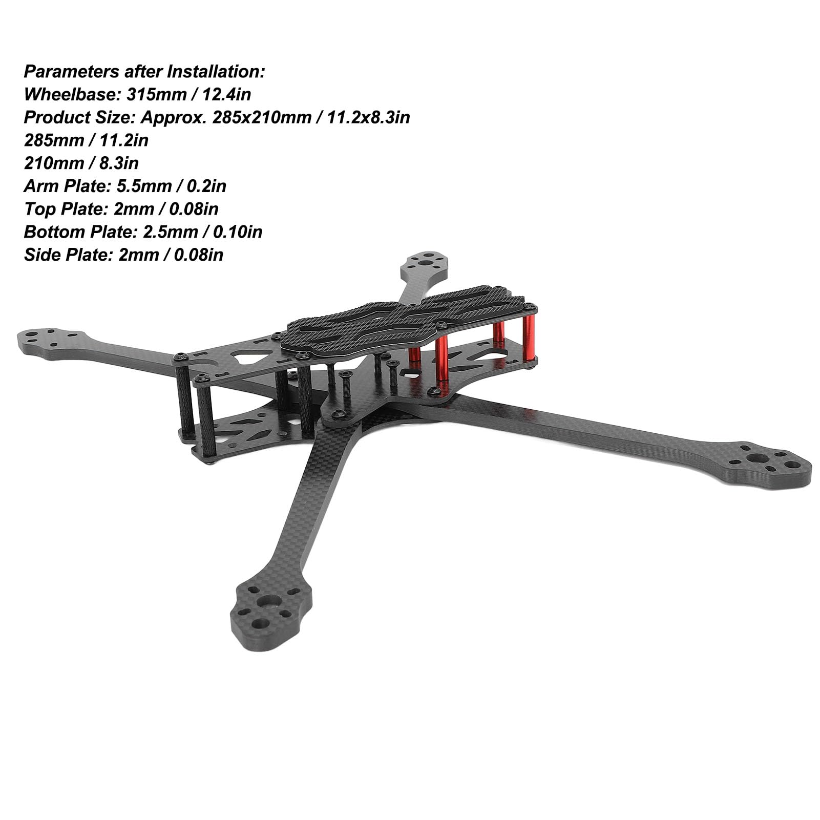Alomejor Kit di Telaio Quadrirotore Leggero in Fibra di Carbonio da 315 mm, Resistente agli Urti, Manutenzione Facile per gli Amanti dei Droni da Corsa FPV