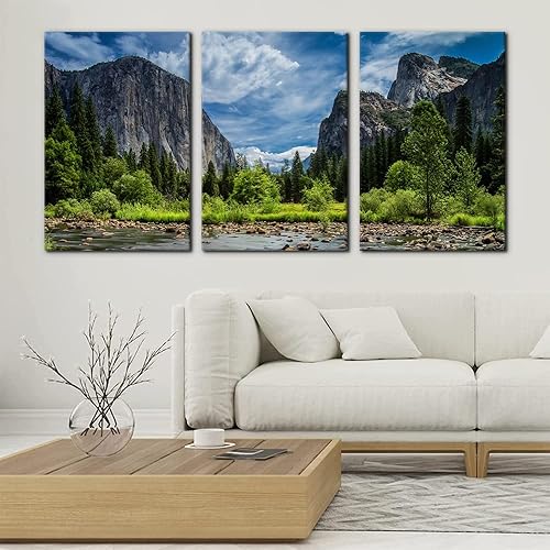 Vista 2 de 3 piezas de pintura verde para pared, parque nacional de Yosemite, agua clara, lago, montañas, árboles, rocas, impresiones sobre lienzo, decoración