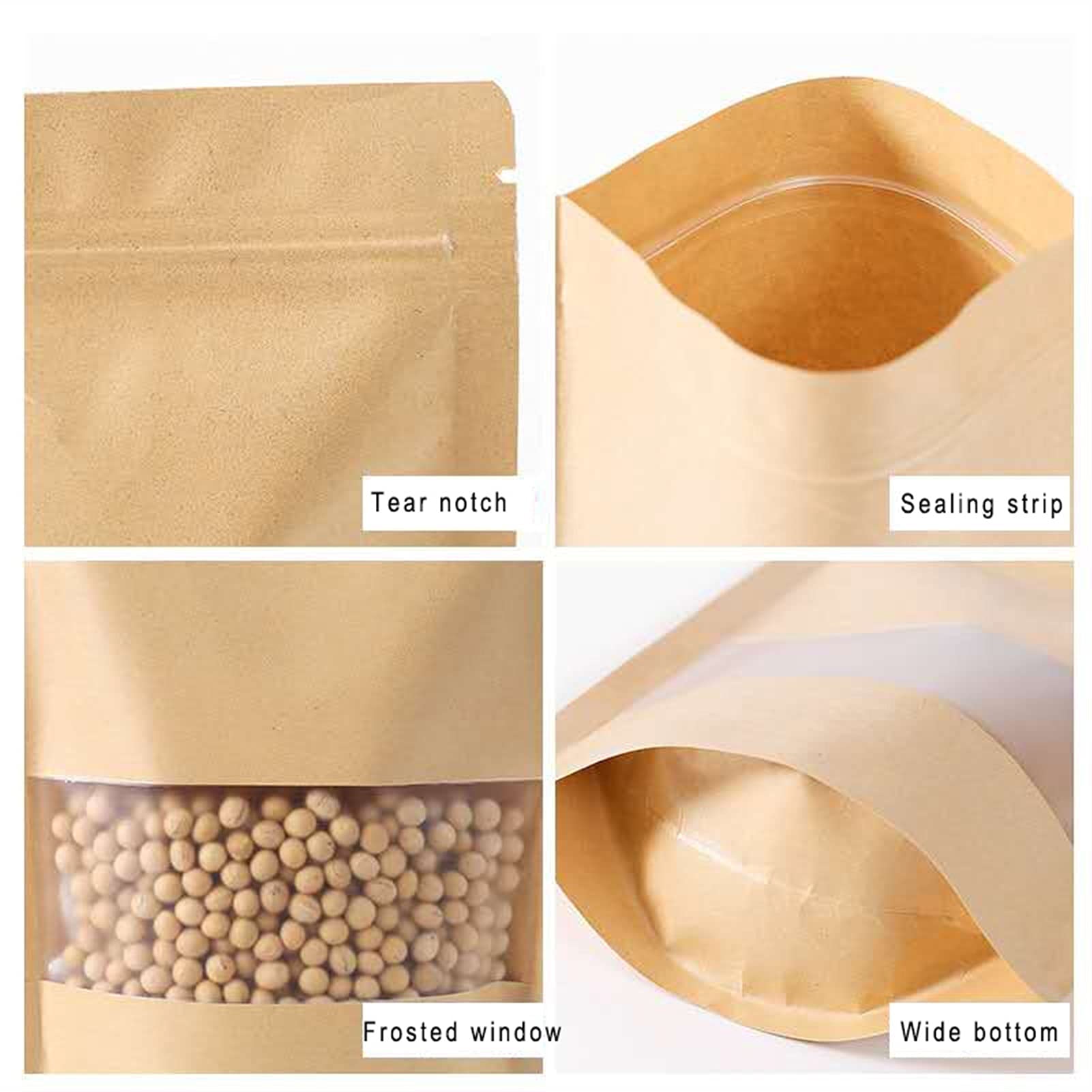 Sacs de conservation des aliments, Sachets Kraft refermables avec fenêtre, format stand-up, fermeture zip, thermoscellables, lot de 100, tailles multiples(17x24cm)