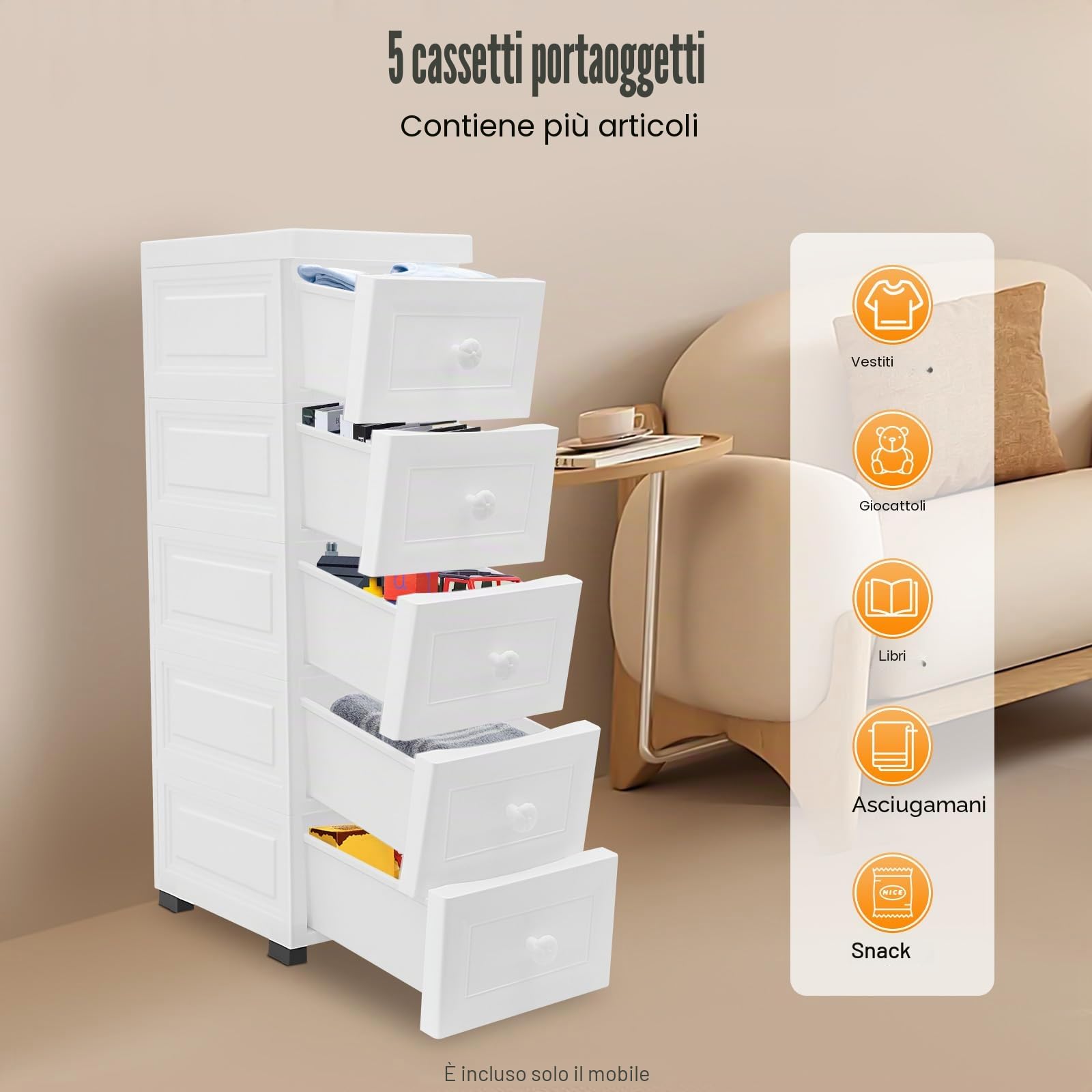 Mobiletto con 5 cassetti in plastica con ruote - Torre portaoggetti con cassetti - Per bagno, aula, studio, soggiorno - Bianco