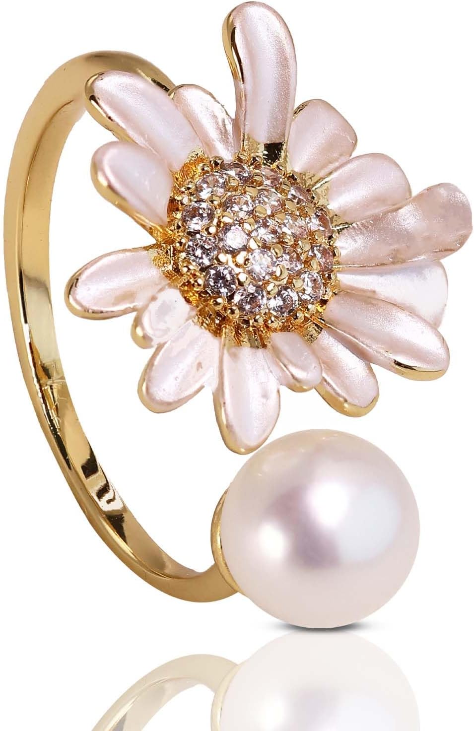 6-9 MM Natural Freshwater Cultured Pearl Ring for Women, 18k Gold-Plated, Ideal for Weddings Anniversaries Birthdays Parties Women's Jewelry Gift