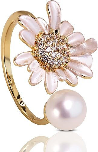 MUFANYOYO 6-9 MM Natural Freshwater Cultured Pearl Ring for Women, 18k Gold-Plat