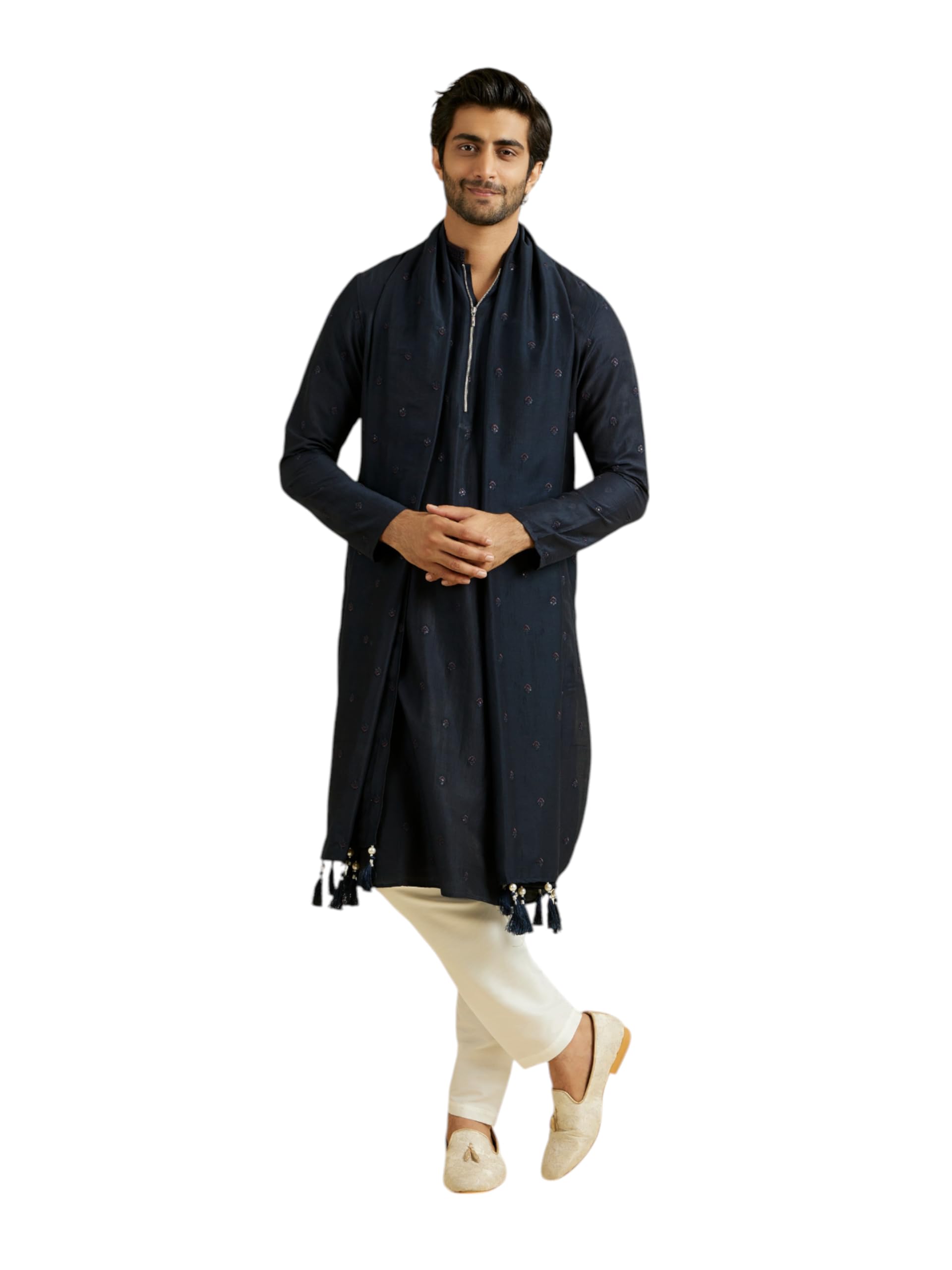 manyavar Men's Art Silk Zip-Style Neck Kurta Set with Dupatta (3pcs)-picture-36