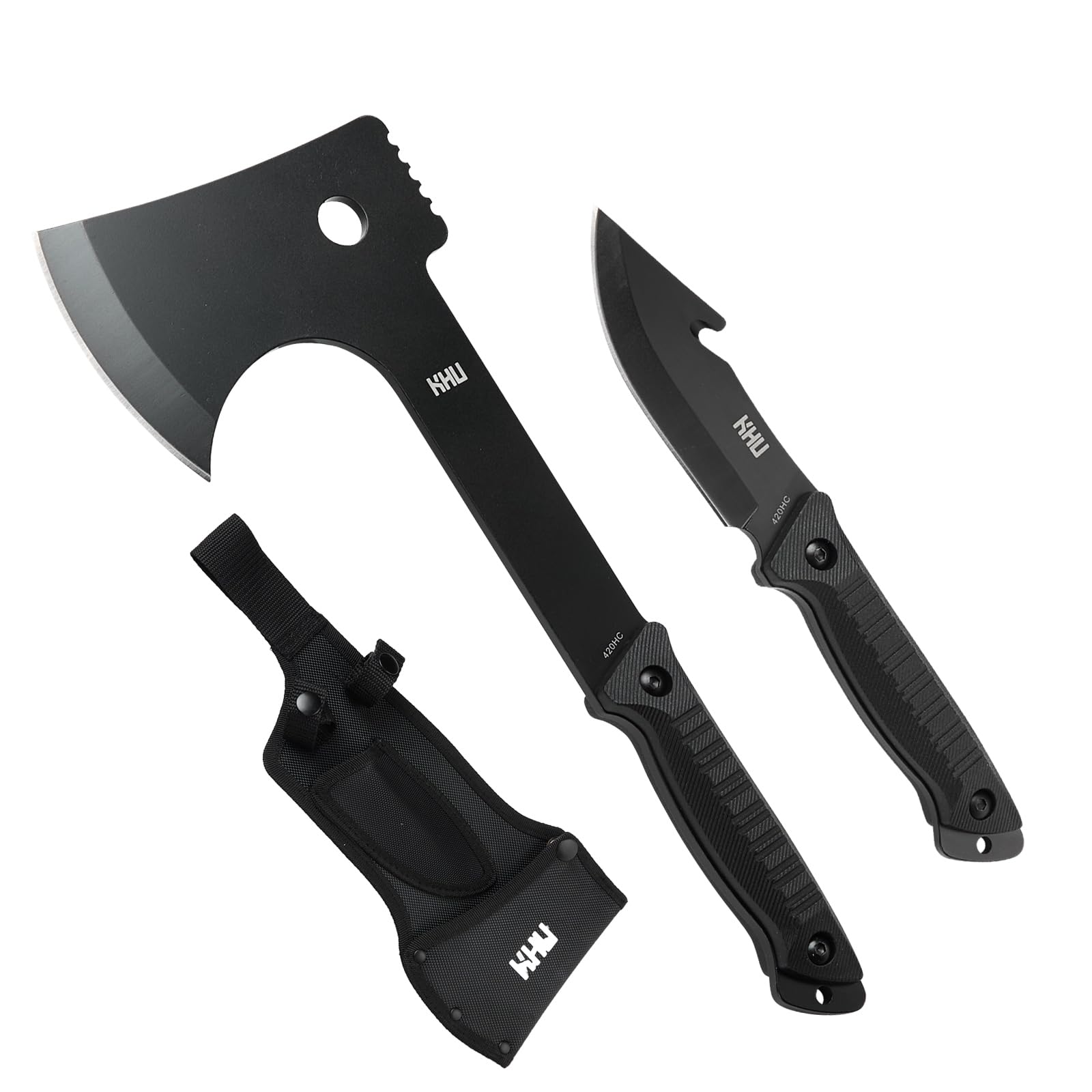 KHU 2pcs 420HC Stahl Camping Axt Feststehende Klinge Jagdmesser - Full Tang Campingmesser Survival Axt mit Scheide, bushcraft zum Holzspalten für den Outdoor-Einsatz, Jagdausrüstung - 06A