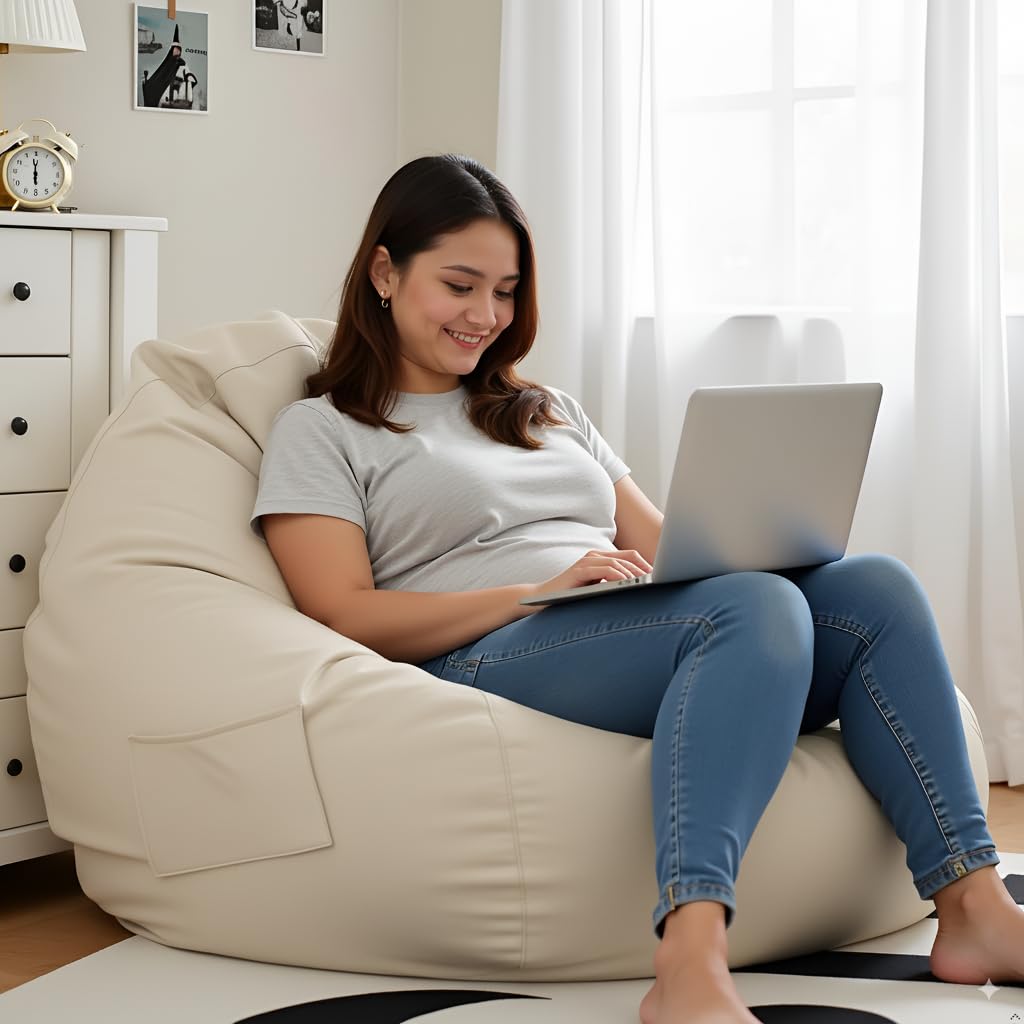 Bean Bag Chair with Footrest & Cushion with Beans Filled | 4XL Faux Leather Bean Bag Sofa for Adults & Kids | Pocket Desig...
