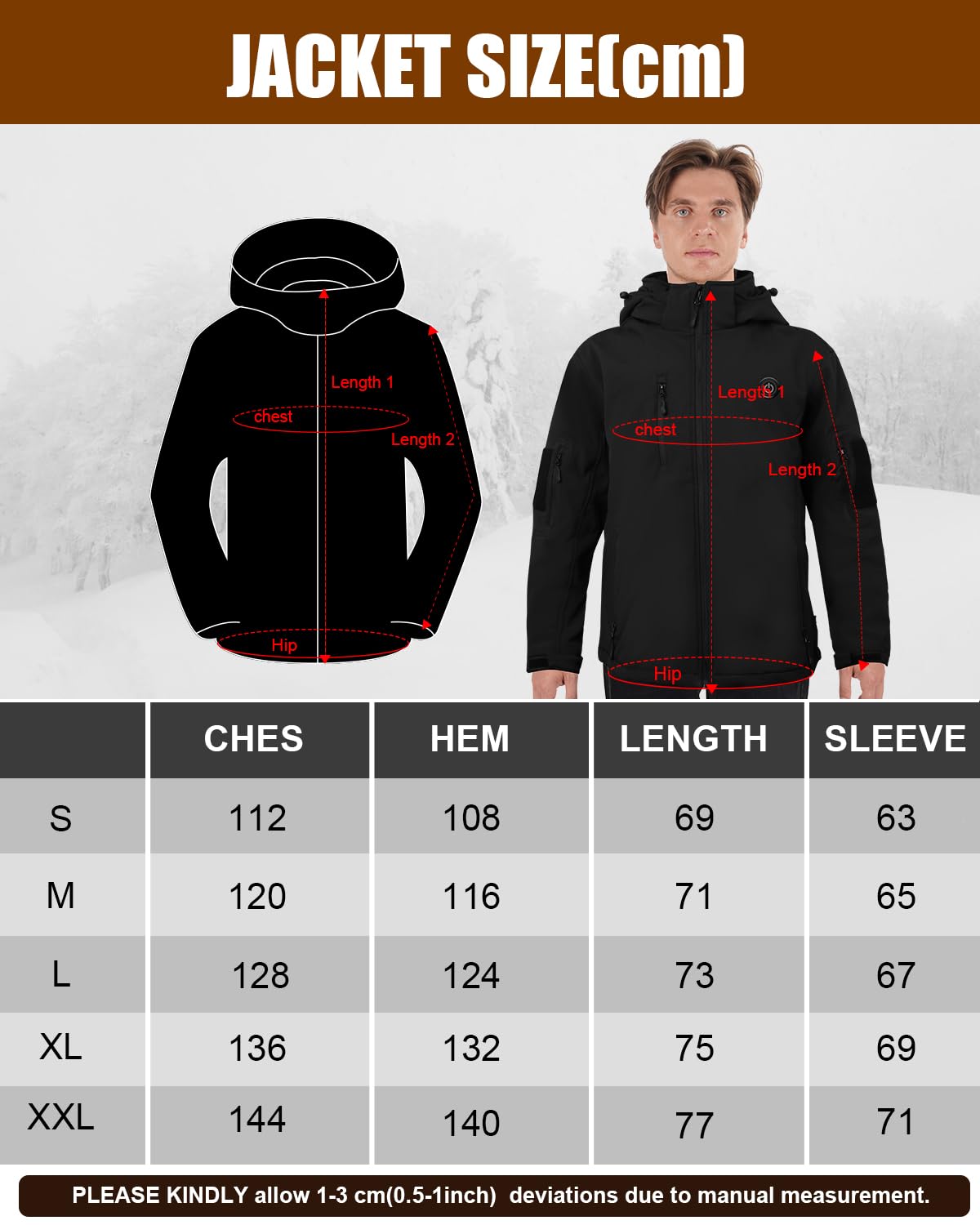 Veste Chauffante Homme, Doudoune Chauffante Électrique Batterie 7.4V 10000mAh, Imperméable Veste Chauffante avec Capuche Amovible pour la Pêche Extérieur Ski