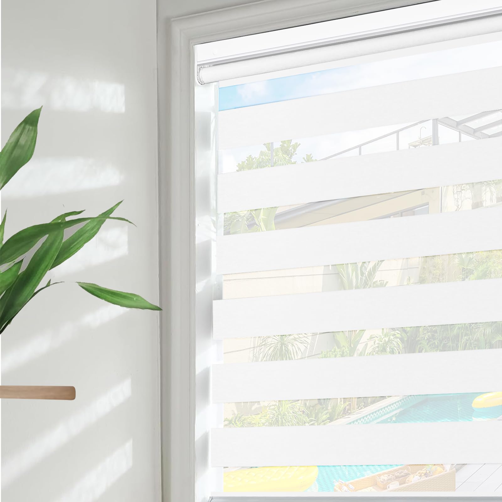 Luxevoir Panoramix No Drill Zebra Blinds for Windows Cordless Light Filtering Zebra Roller Shades Dual Layers Semi Sheer Roller Blinds Day & Night Window Shade(Snow White,118cm W x 150cm H)