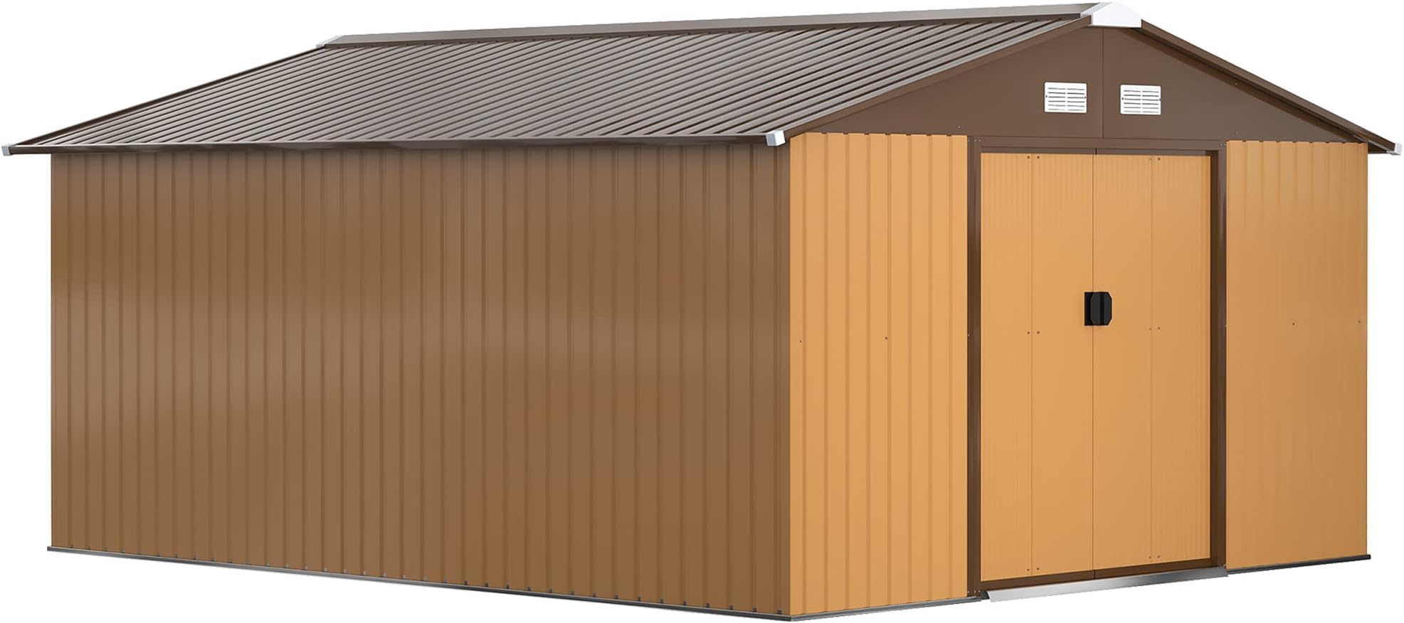 Outsunny 13 x 11ft Metal Garden Shed, Waterproof Outdoor Bike Storage Shed Galvanised with Vents, Foundation Kit, Apex Roof and Lockable Double Doors for Patio Lawn, Light Brown