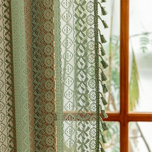 Sutuo Home Boho Lace Sheer Curtains 2 Panels for Bedroom Home Office, French Country Privacy Vintage Chic Drape Tassels Cottage Rustic Geometry Rod Pocket Christmas Decor, 50" x 108" Olive Green by Sutuo Home - Used condition - Image 9