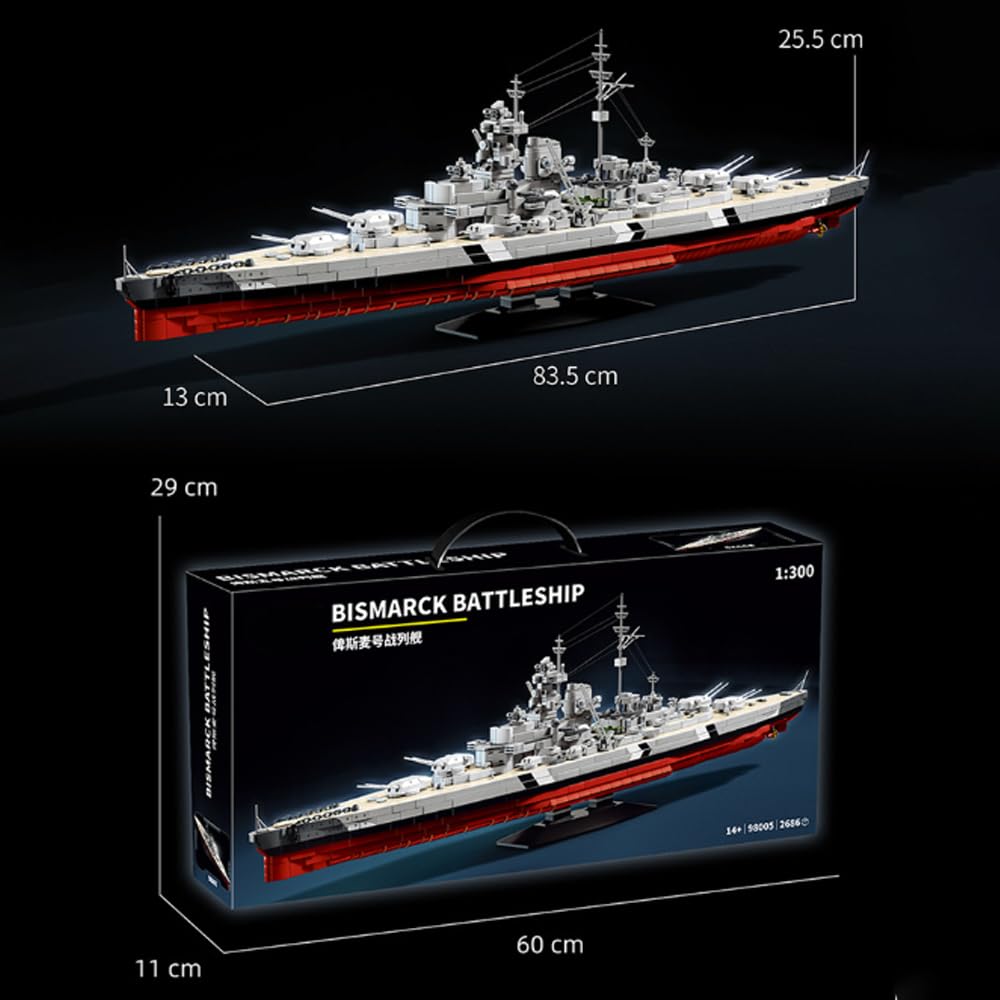 Bismarck Schlachtschiff Bausteine Bausatz, 2686 Klemmbausteine 1:300 Großes Militärflugzeugträger Bismarck aus dem Zweiten Weltkrieg Modellbausätze, Perfekt Geschenk für Erwachsene Sammler Jugendliche