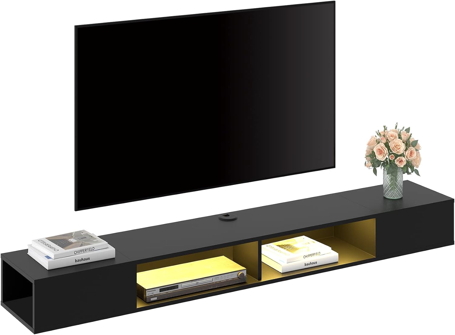 WAMPAT 70 inch Floating TV Shelf with Blue LED Light, Floating TV Stand Wall Mounted with Storage Space for 75 inch TV, Media TV Console for Wall for Living Room Bedroom, Black