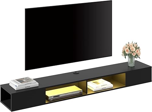 Miniatura 9 de WAMPAT Estante flotante de TV de 70 pulgadas con luz LED RGB, soporte de TV flotante montado en la pared con espacio de almacenamiento para TV de 75