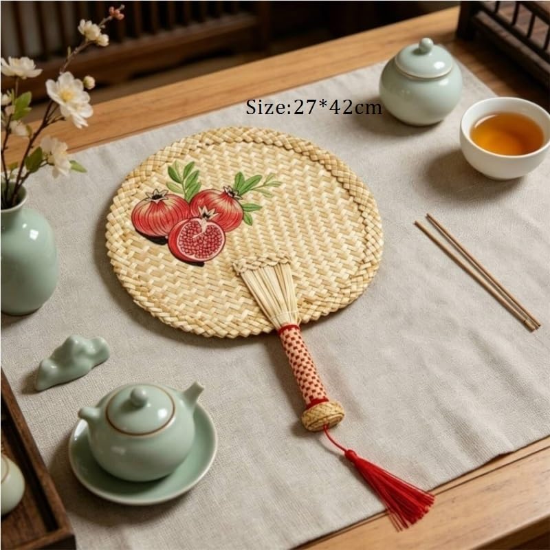Handwoven Straw Hand Fan with Pomegranate Embroidery Chinese Handheld Tassel for Cooling Home Decor