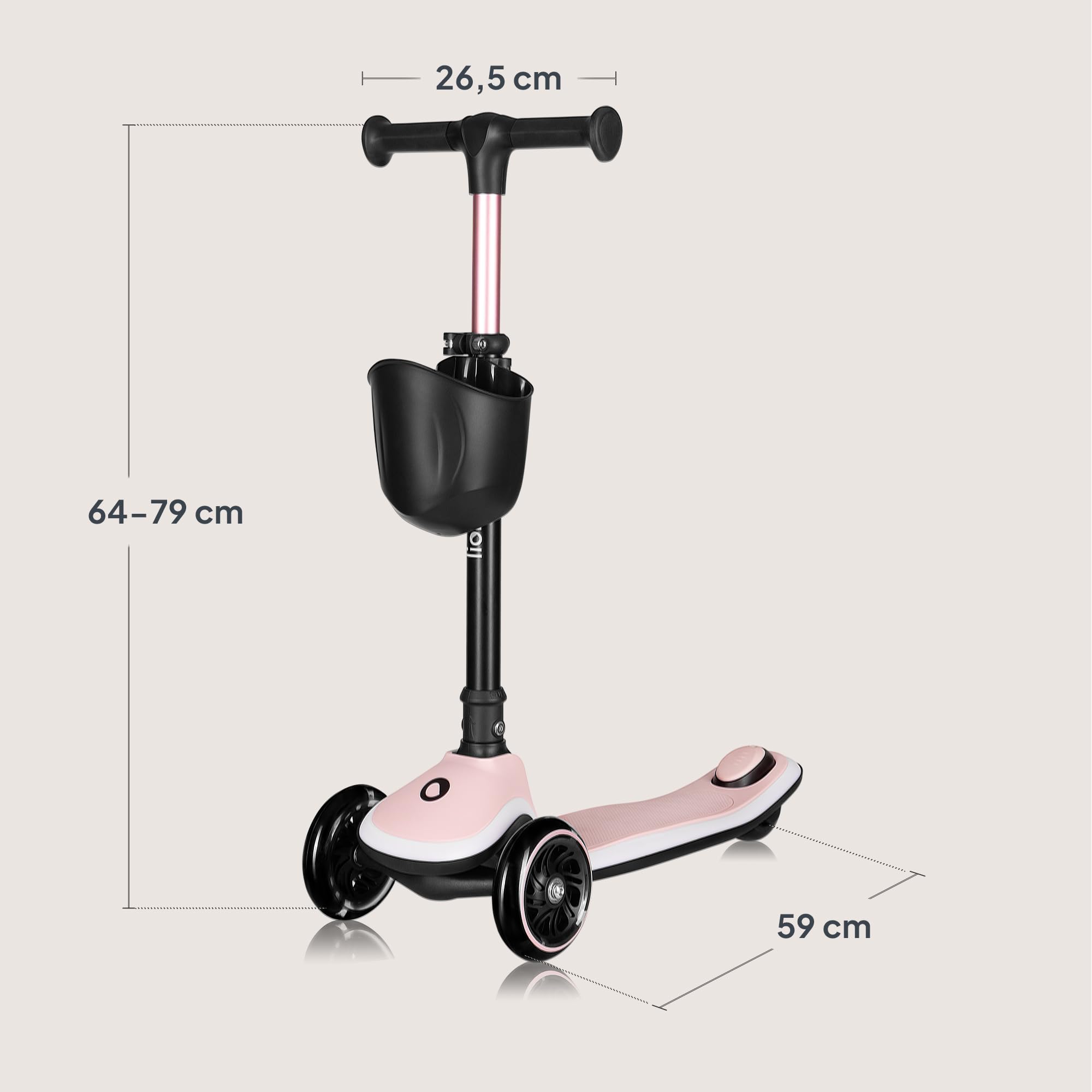LIONELO MEY Patinete de Equilibrio para Niños Desde 3 años hasta 50 kg, Scooter Infantil Patinete de 3 Ruedas con Ajuste de Altura, Plataforma Antideslizante Iluminada y Ruedas LED, Cesta