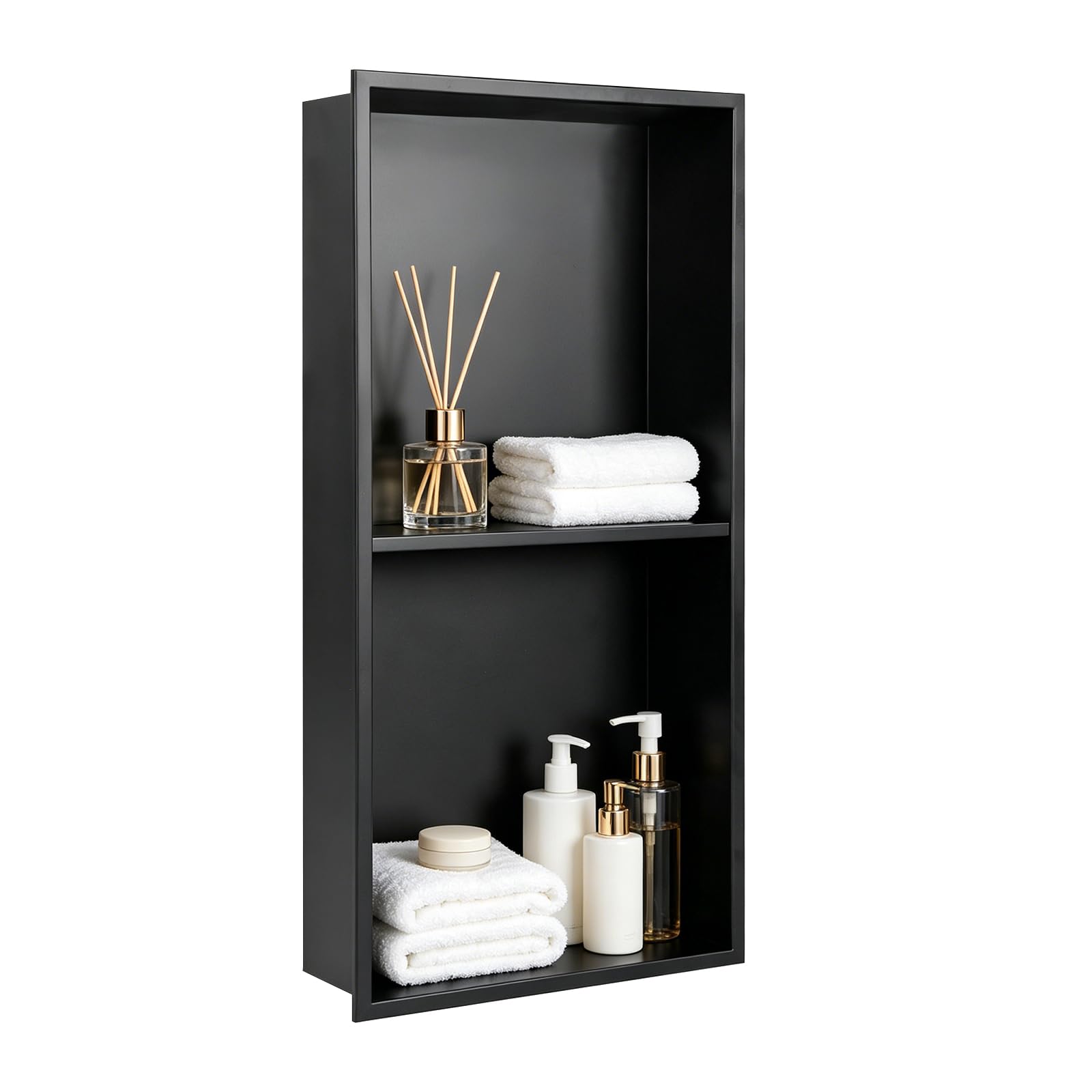 Dwlhap Shower Niche Wall Insert 600 x 300 x 100 mm, Stainless Steel Double Shelf Recessed Wall Niche Built-in Storage Shelf, Waterproof Rustproof Bathroom Storage Black
